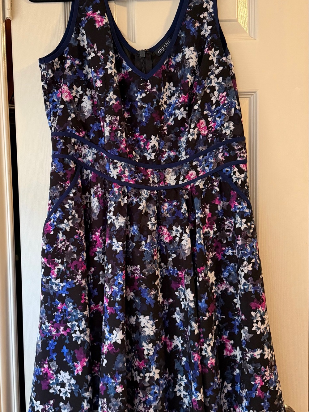 City Chic S/16 Black Floral Midi Dress with Pink, Blue & White Accents